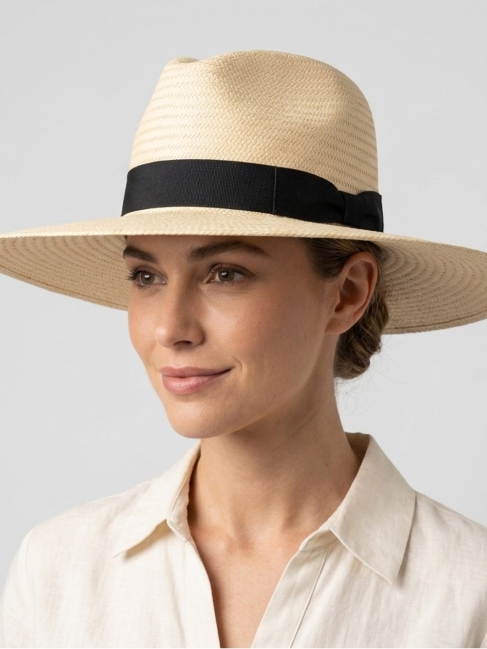 Handmade Wide-Brim Straw Panama Hat with Black Band - Cream